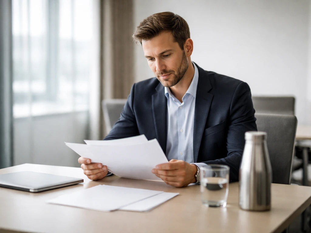 Minimal boardroom scene with a single person reviewing documents near a laptop, symbolizing advisory roles.