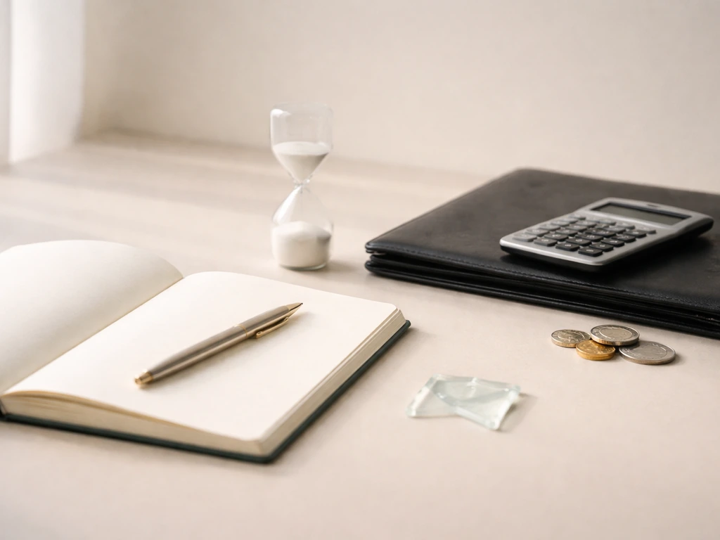 Minimal desk scene with blank notebook, calculator, coins, and a caution-like flag token symbolizing net-worth confidenc