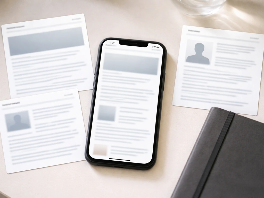 Phone on a desk showing blurred, blank press-release and news-style source screens for financial data.