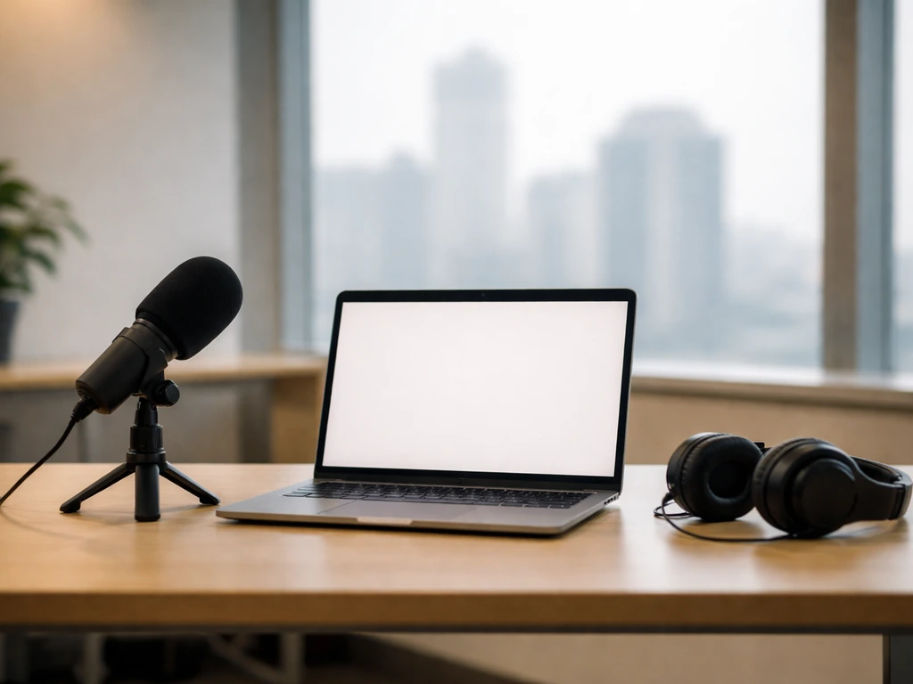 Anonymous office desk with microphone and headphones, modern window skyline in soft focus.