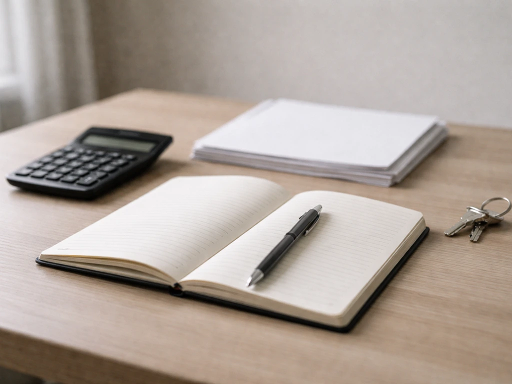 Minimal office desk with scattered documents and a calculator, symbolizing personal assets and liabilities.