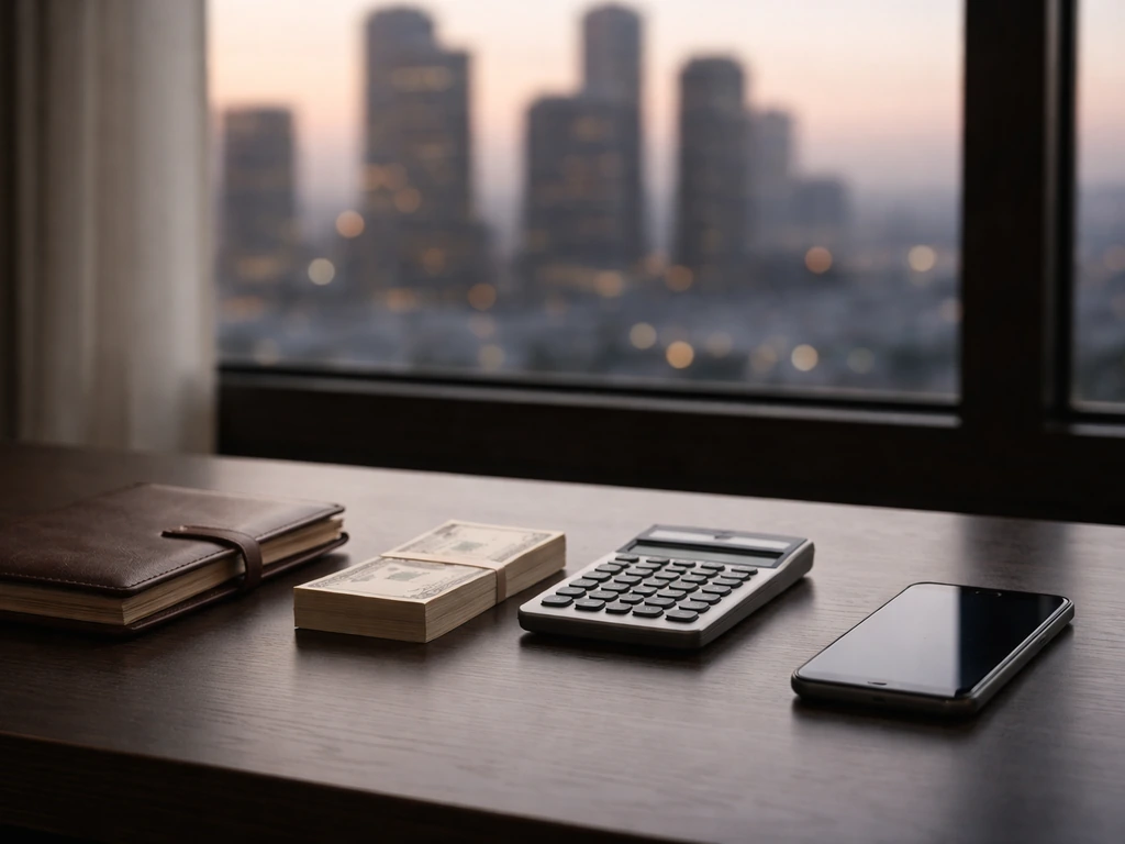 Minimal photo of a private office desk with cash, a calculator, and a phone beside blurred city skyline.