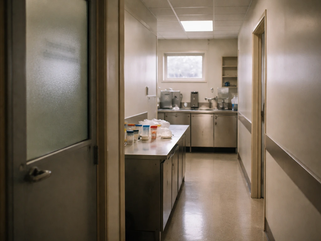 Minimal photo of a 1980s–90s medical lab corridor with specimen containers and a frosted glass door