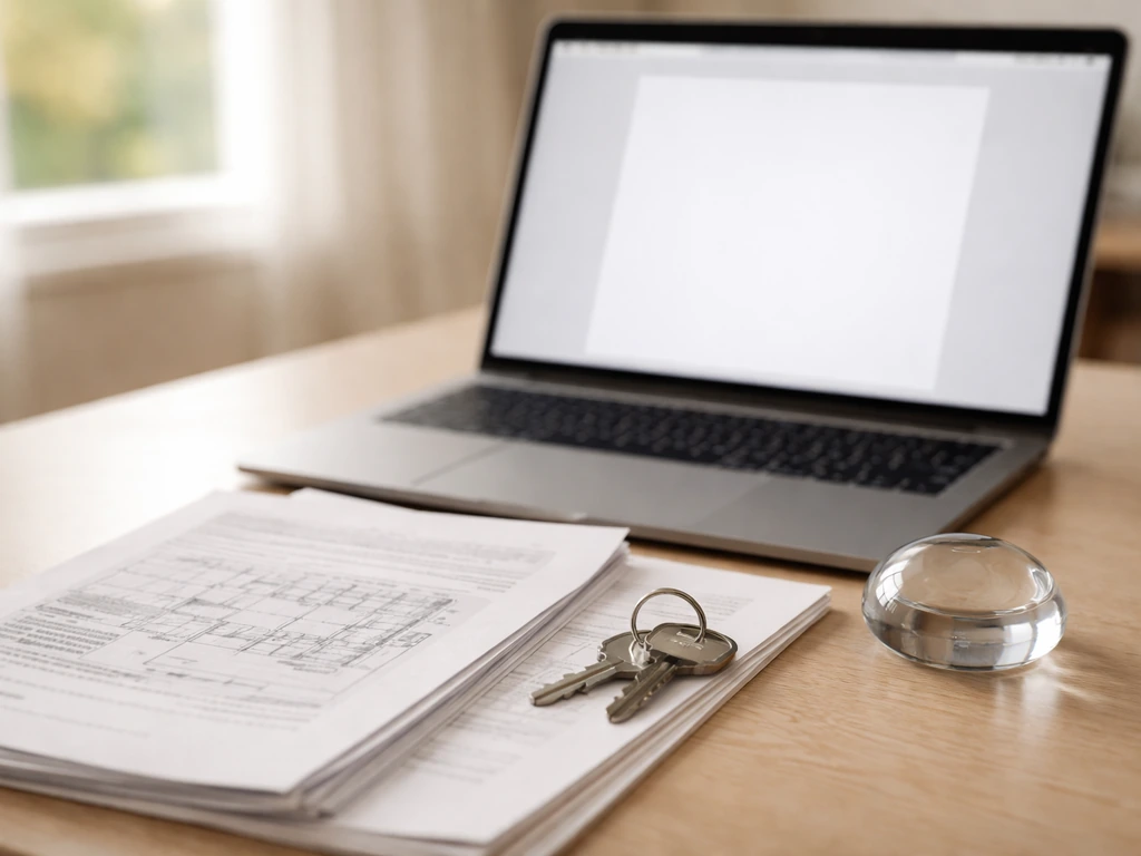 Minimal photo of a desk with laptop, documents, and keyring suggesting auditing net worth records