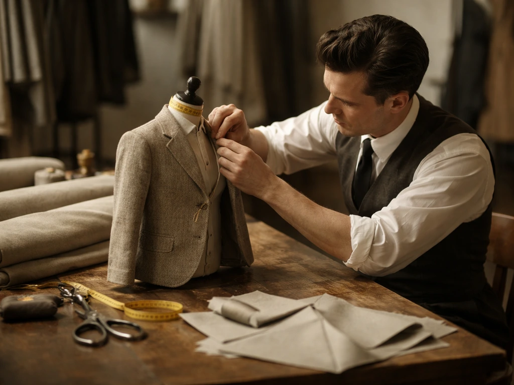 Vintage fashion designer in a workshop with a mannequin and fabric bolts in soft natural light.