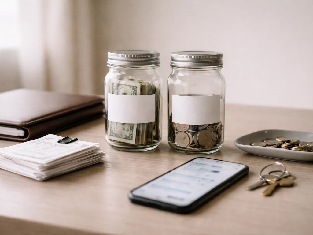 Minimal desk scene with receipts, coins, portfolio, and a blurred finance phone screen to symbolize net-worth calculatio