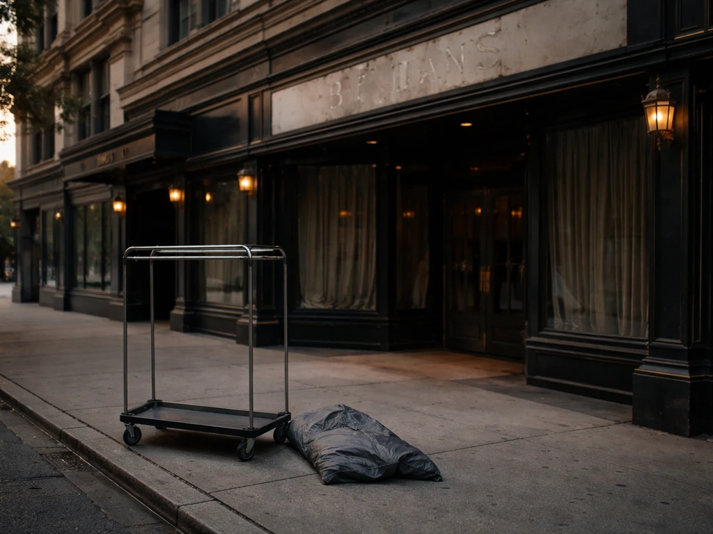 Vintage luxury department store exterior with a blank, darkened storefront sign area and an empty display cart.
