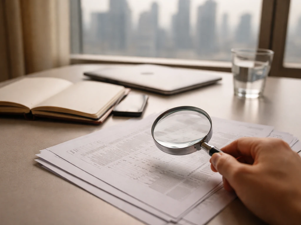 Minimal desk scene with magnifying glass over undated papers, suggesting verifying a spouse’s finances.