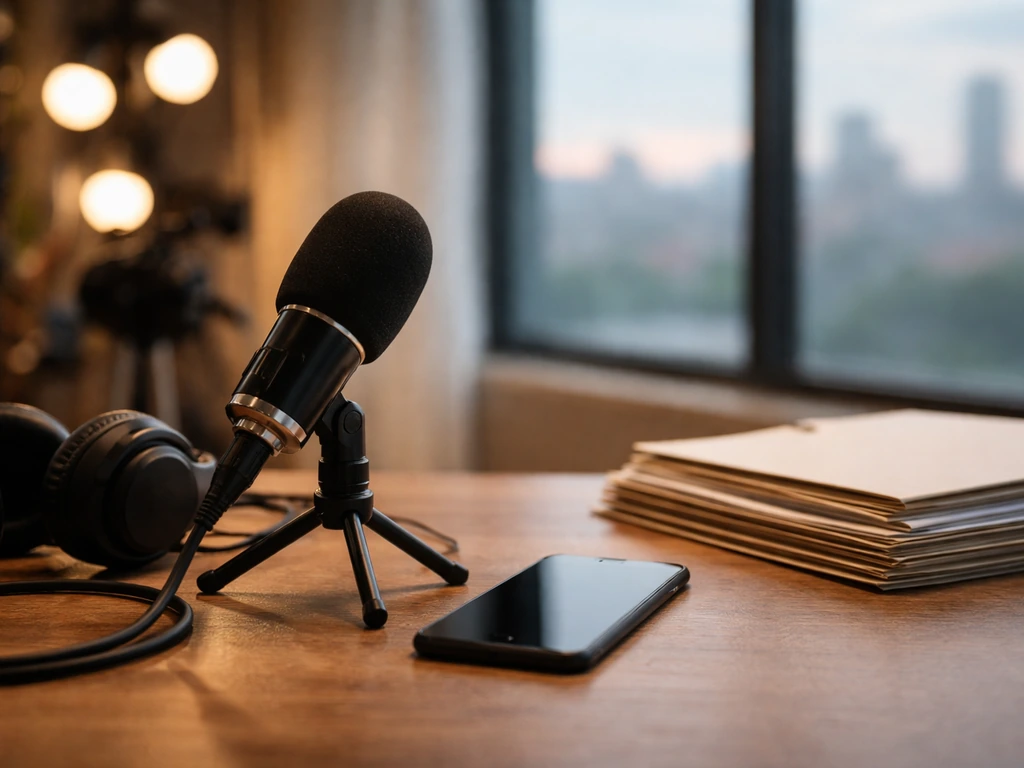 Minimal media-studio desk scene symbolizing TV fame and public-record disambiguation