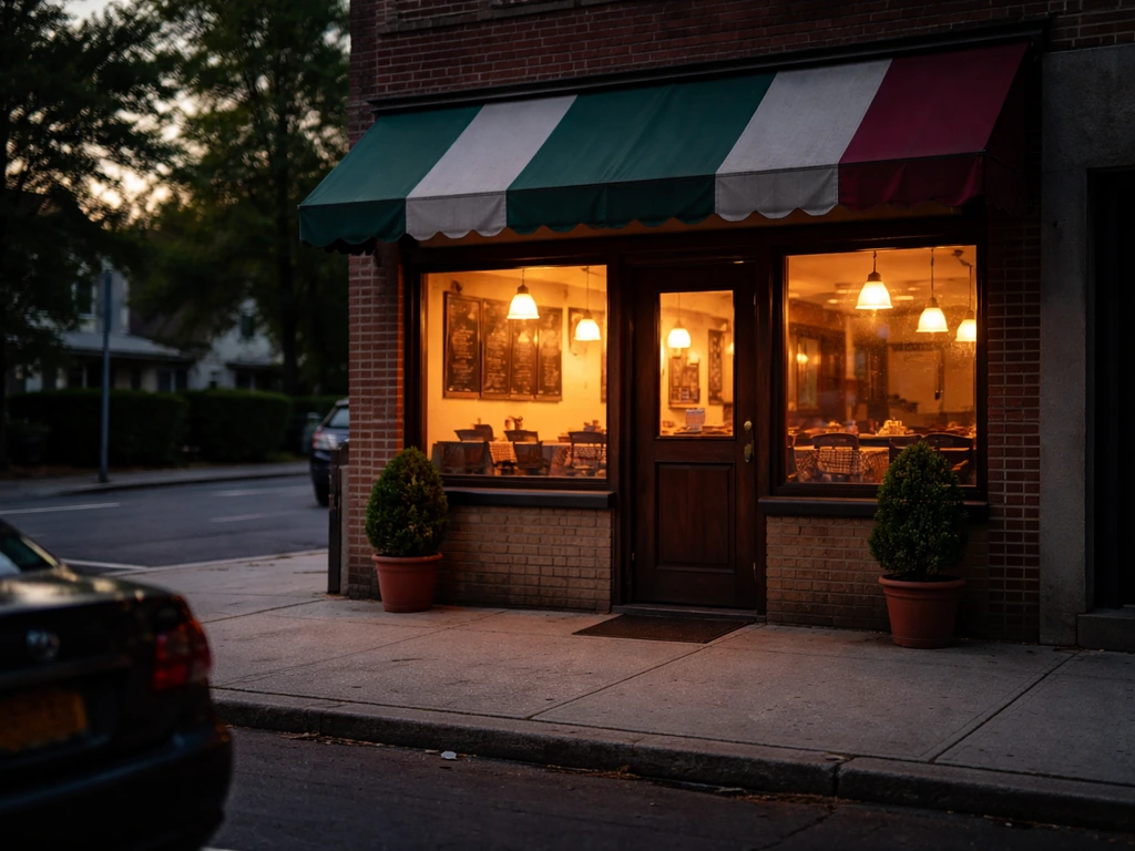 Quiet view of an Italian pizzeria storefront exterior in Hicksville, New York area