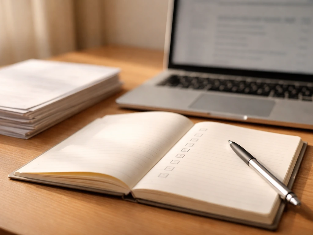 Close-up of a checklist-style notepad and documents beside a laptop, symbolizing verifying net worth sources.