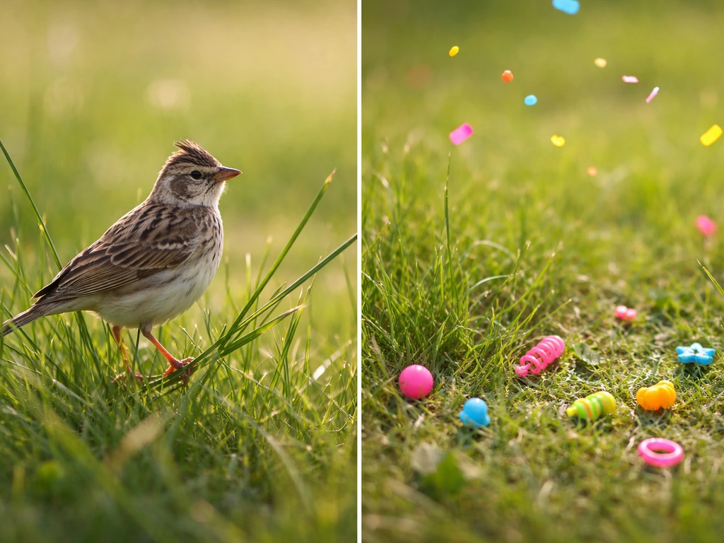 Split scene: a small brown lark perched in grass on the left, playful confetti-like mischief on the right.