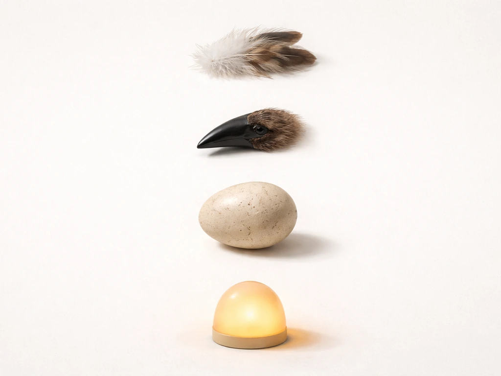 Minimal photo-style scene with simple objects representing bird markers: feathers, beak, hard egg, and warmth