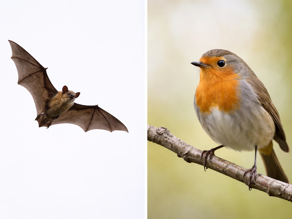 Bat gliding in the sky beside a small bird perched on a branch for easy comparison.