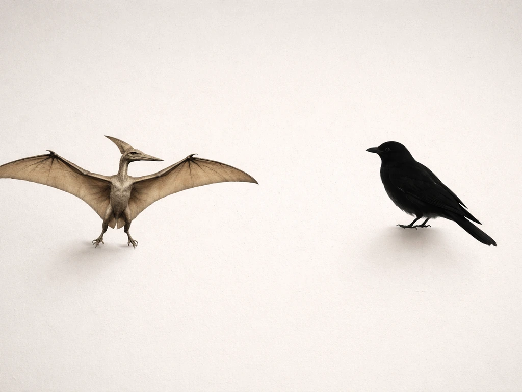 Minimal prehistoric pterosaur figure beside a modern bird silhouette on a neutral background.