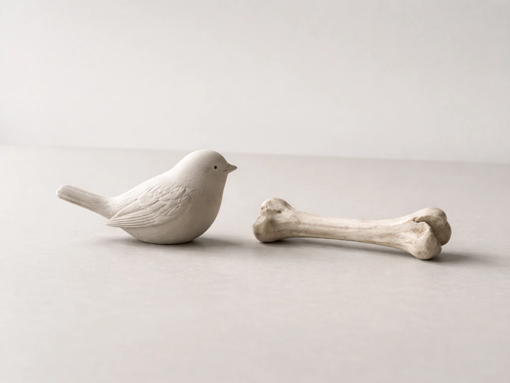 Minimal close-up of bird and fossil-like limb bones on a neutral desk, symbolizing bird as tetrapod definition.