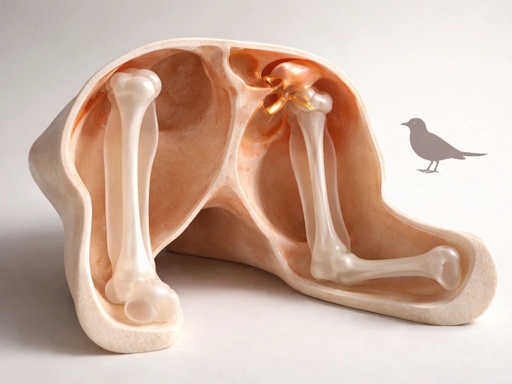 Minimal 3D anatomy scene showing tetrapod inner-ear and paired limb bone structures with a small bird icon.