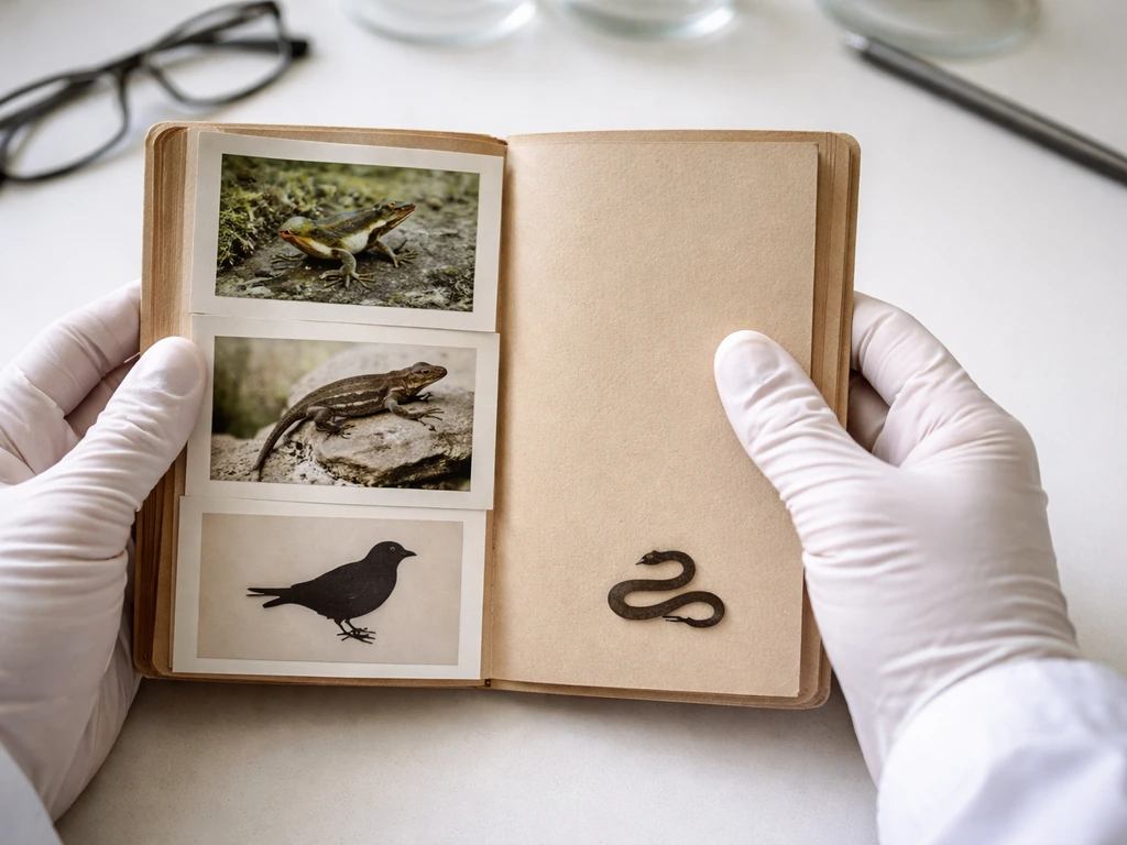 Anonymous gloved hands on a plain table arranging unlabeled animal cards to show tetrapod vs snake leg loss.