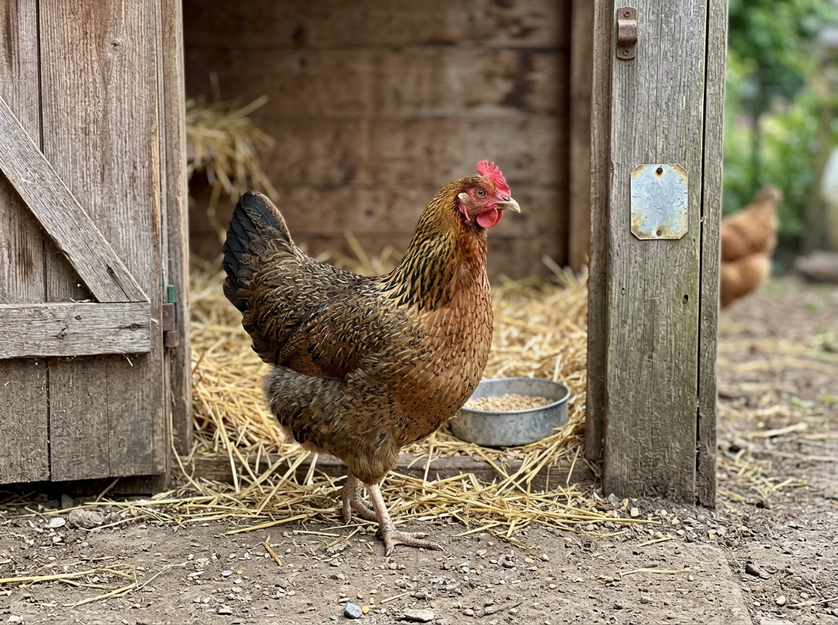 A hen on farm ground with a nearby coop and feed area, illustrating what a “French hen” refers to