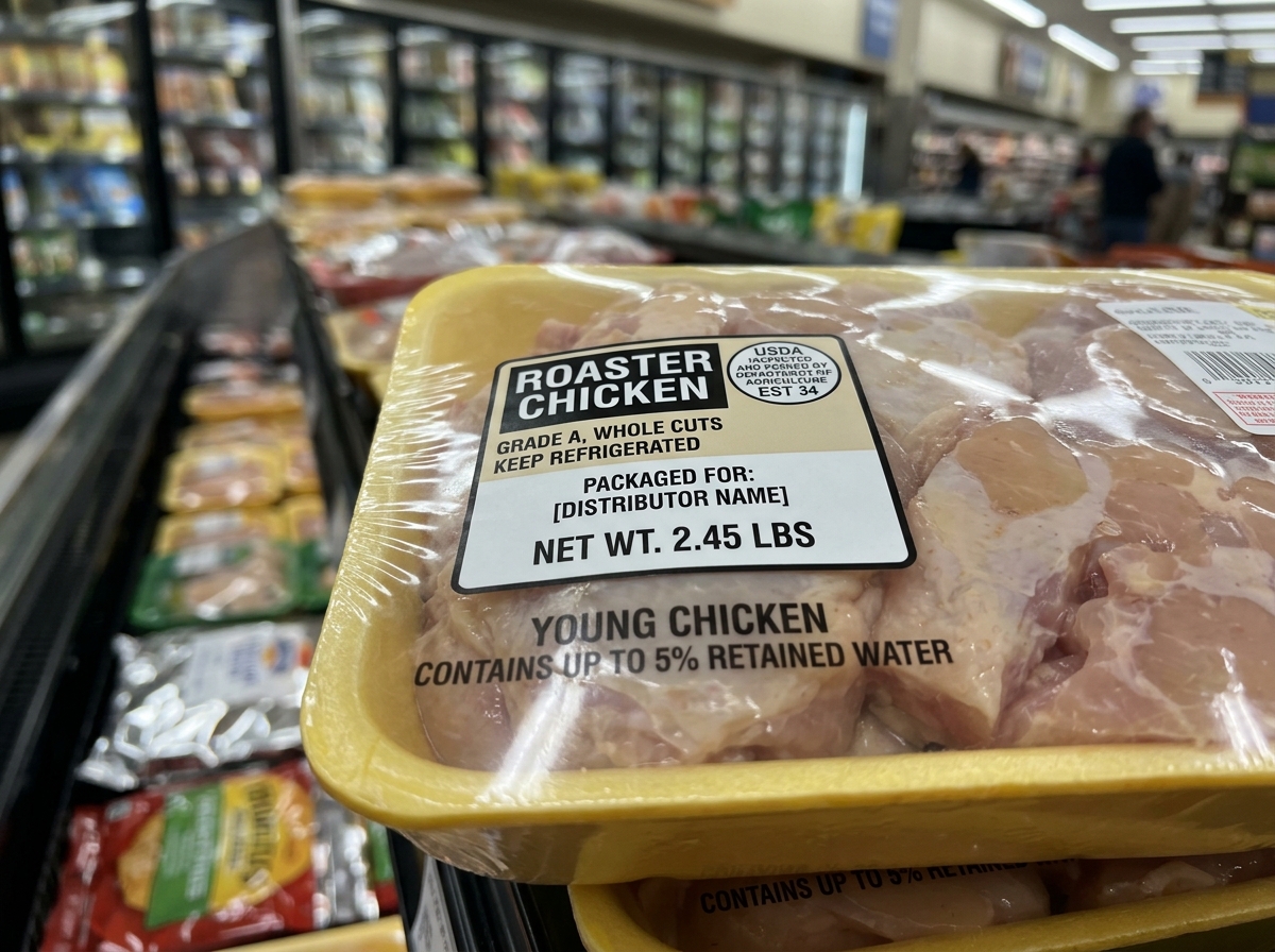 Close-up of a menu item description showing words like chicken/hen/poultry alongside other poultry dishes