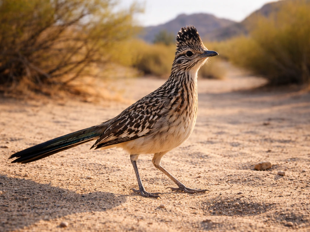 A real roadrunner bird standing in a sandy southwestern desert with warm natural light.