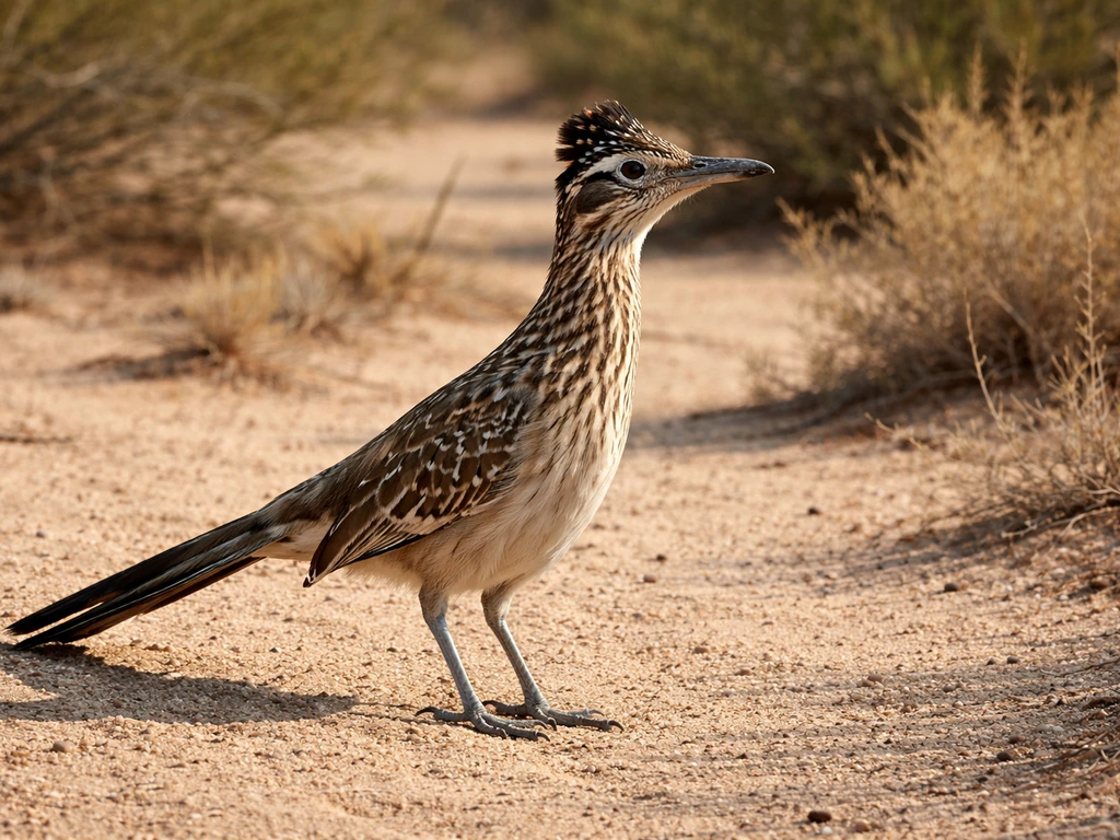 Greater roadrunner standing on sandy desert ground with scrub plants in the background