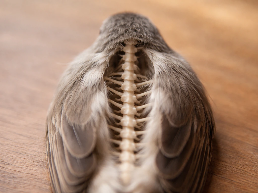 Close-up of an x-ray-like view of a bird’s spine, showing vertebrae along the back