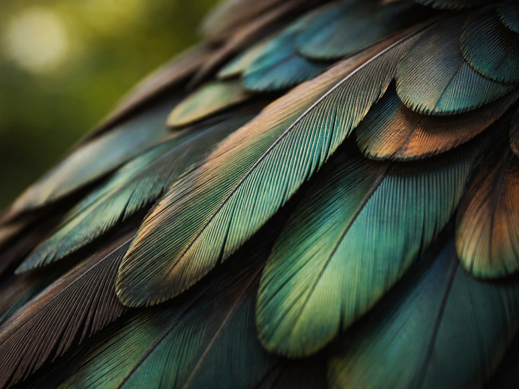 Close-up of iridescent bird feathers with soft natural light and sharp detail