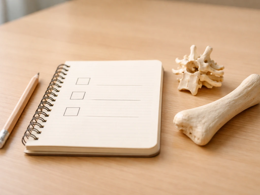 Close-up of a simple animal classification checklist on a desk beside a small spine model