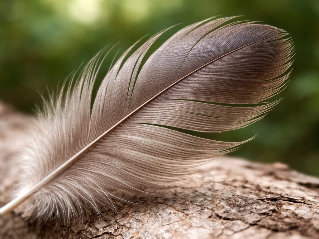 Close-up of a bird feather showing visible barbs and structure in natural light.