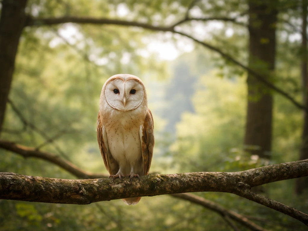 Single owl perched on a branch in a quiet woodland, softly blurred background.