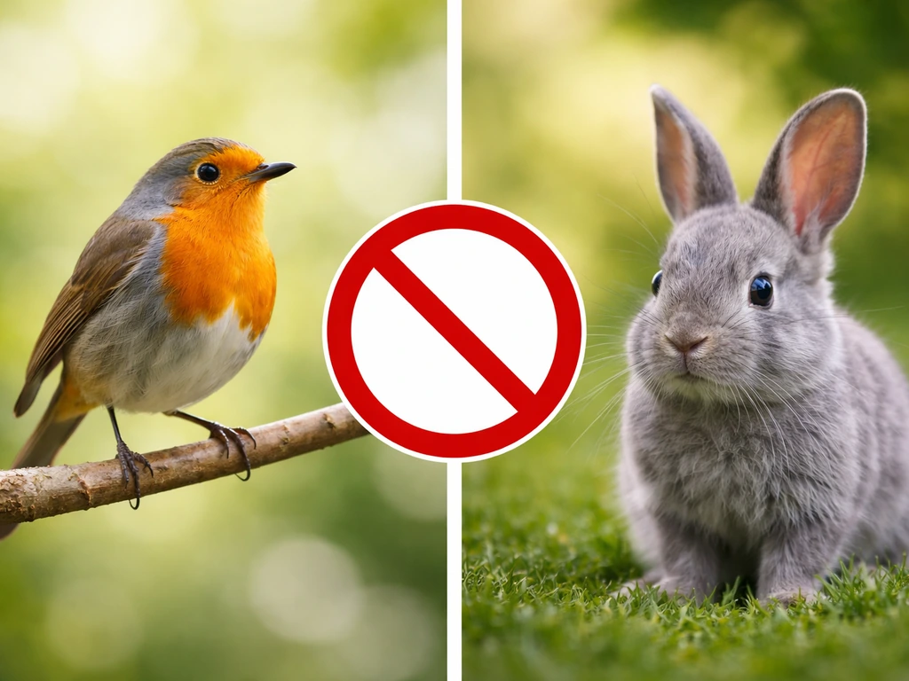 A bird on one side and a mammal on the other with a red prohibition symbol indicating “no.”