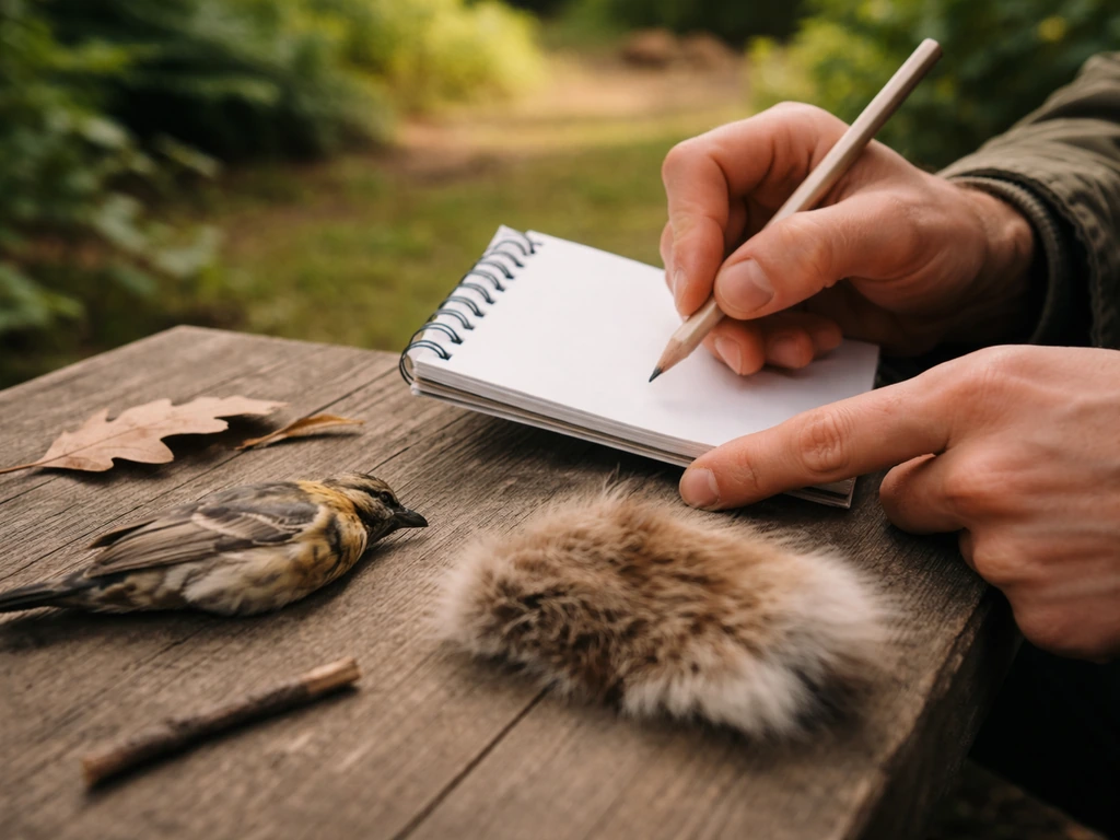 Anonymous hands outdoors compare feather and fur samples on a small wooden surface.