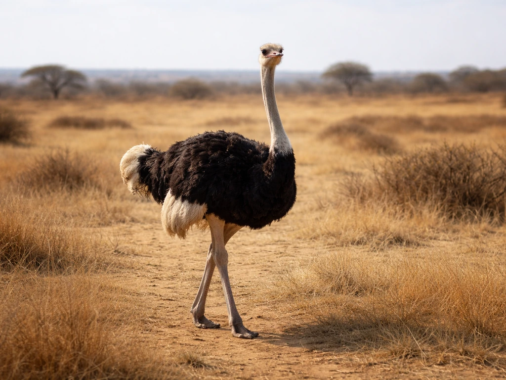 A realistic ostrich standing in open savannah habitat with dry grass and sparse shrubs.