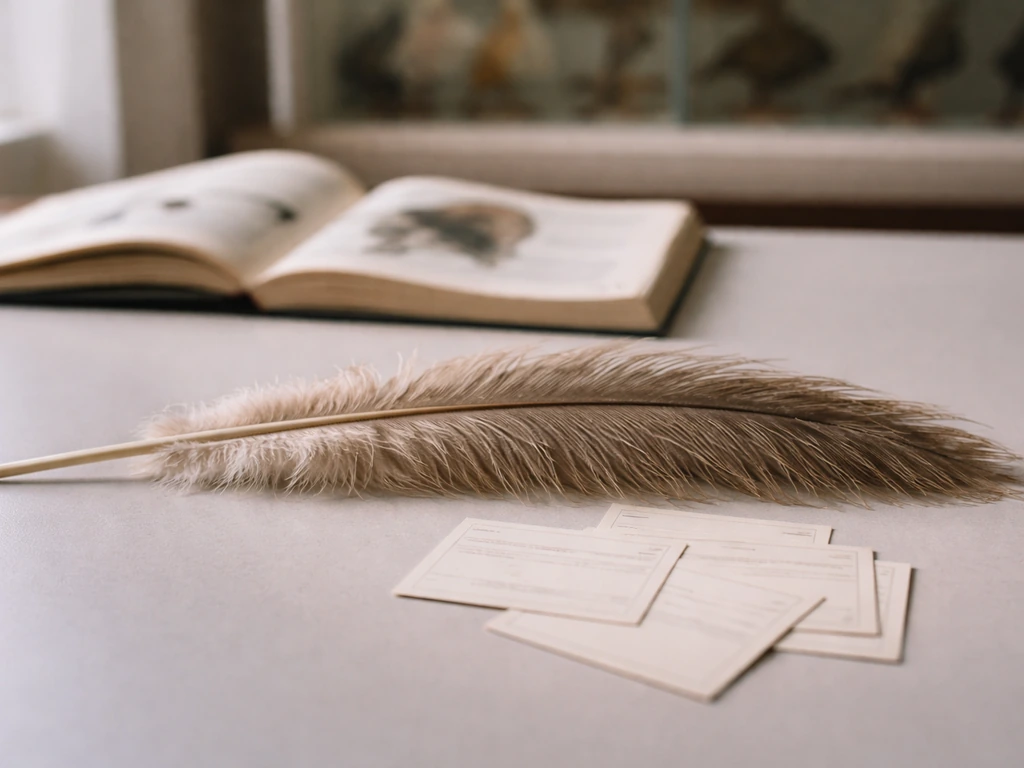 Ostrich feather on a simple desk with blank cards suggesting taxonomy, natural light.
