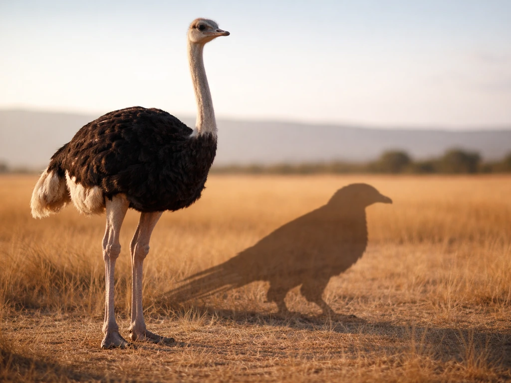 Side view of an ostrich with a nearby raptor-like silhouette showing hooked beak and talons absence