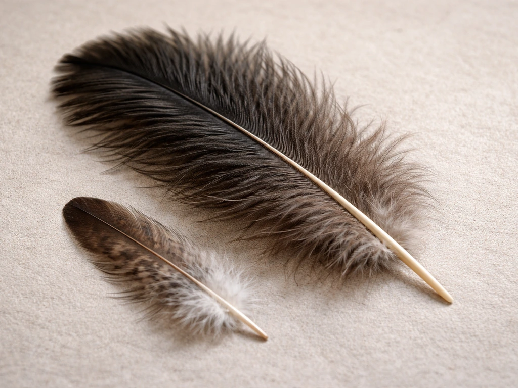 Close-up of an ostrich feather and a single bird feather on a neutral surface in natural light.