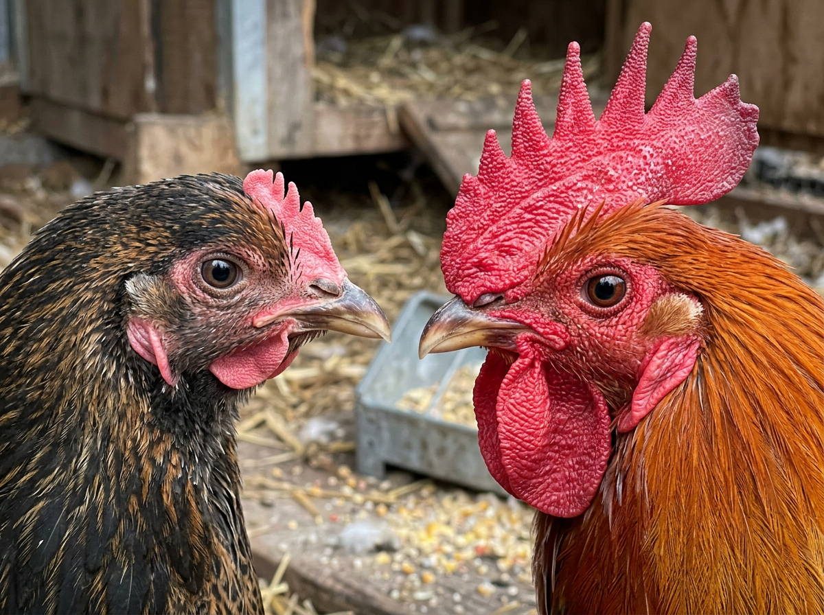 Three chickens side-by-side: hen, rooster, and chick