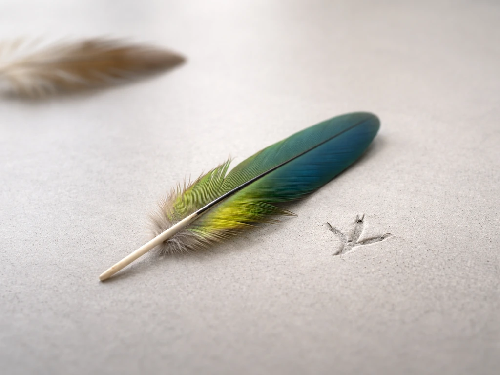 Close-up of a parrot feather with a small bird footprint on a neutral tabletop, symbolizing both bird and animal.