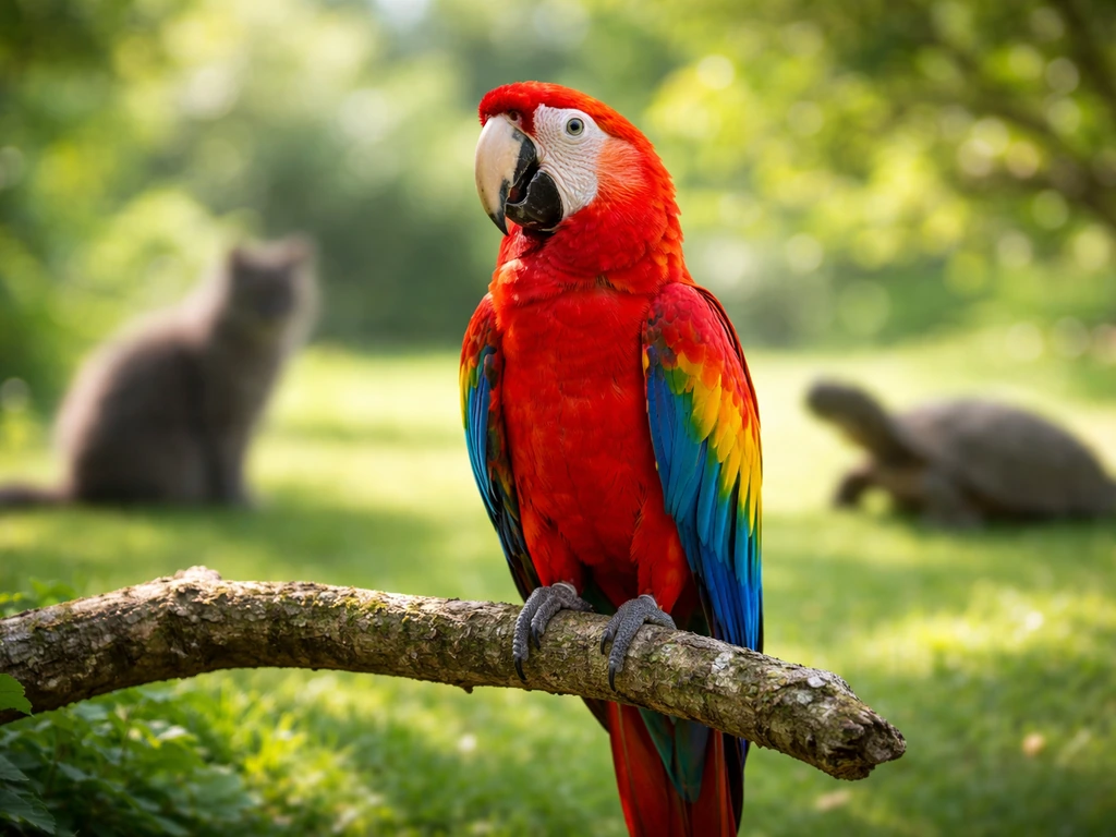 Colorful parrot perched beside simple blurred silhouettes of mammal and reptile in a natural outdoor setting