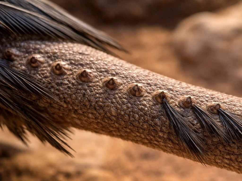 Macro close-up of dromaeosaurid feather quill knobs and emerging quills on textured skin.