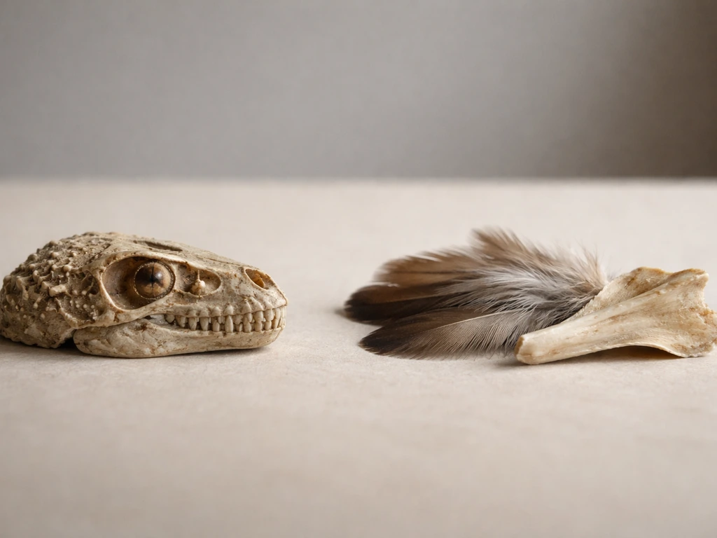 Minimal tabletop photo comparing featherless dino replica materials with a generic bird feather and keeled bone.