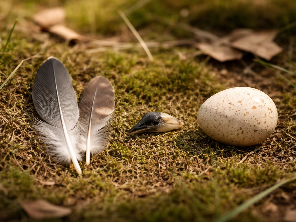 Close-up still life of bird feathers, a beak detail, and a single egg on natural moss.