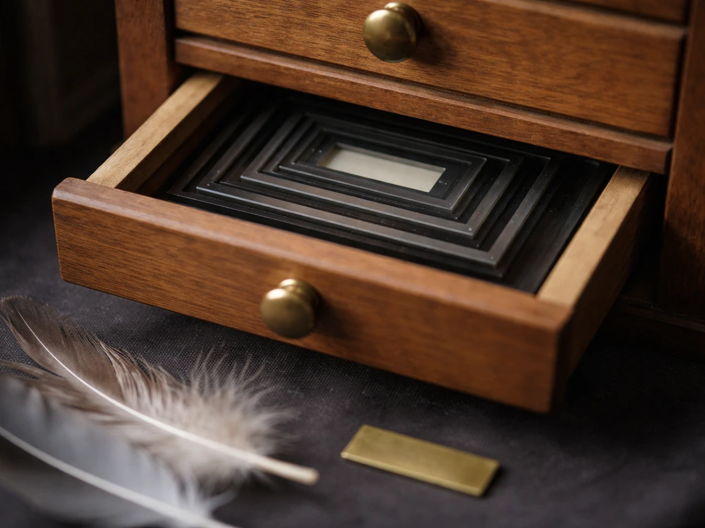 Feathers on dark fabric with nested microscope slides in an open drawer, suggesting taxonomy ranks.