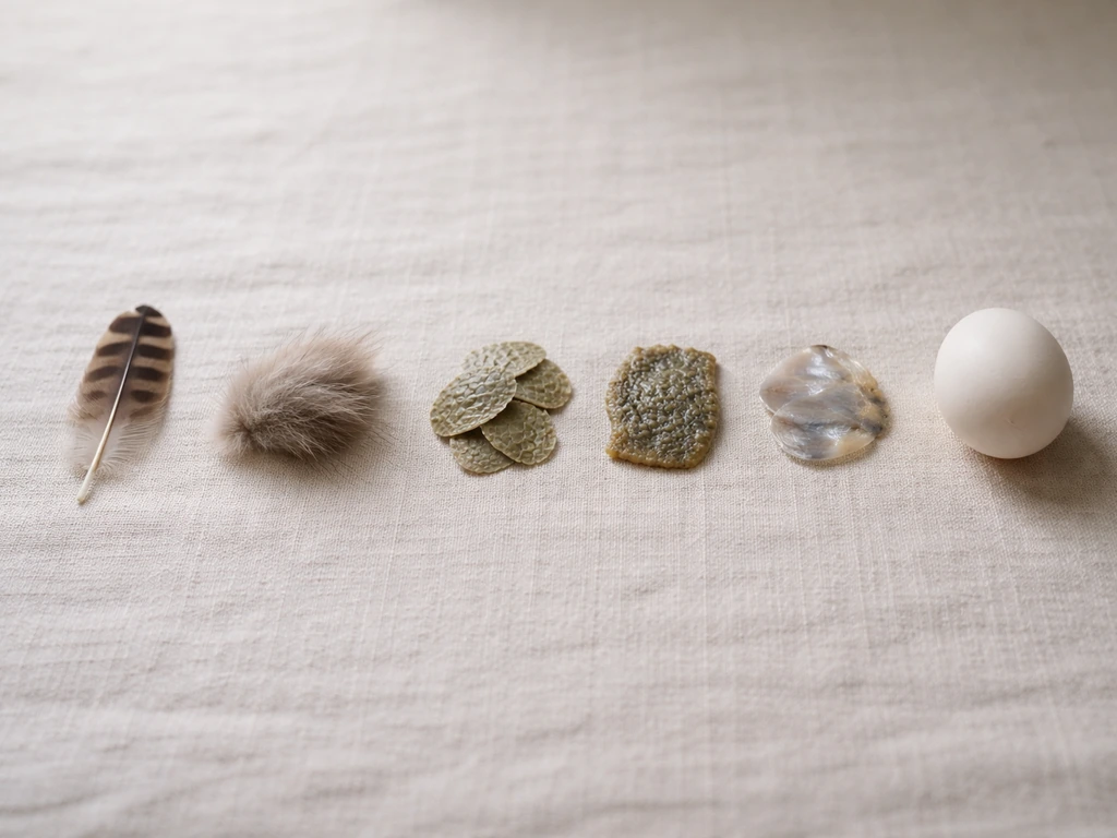 Minimal tabletop scene with a bird feather, mammal fur, reptile scales, amphibian skin, fish scales, and an egg on a clo