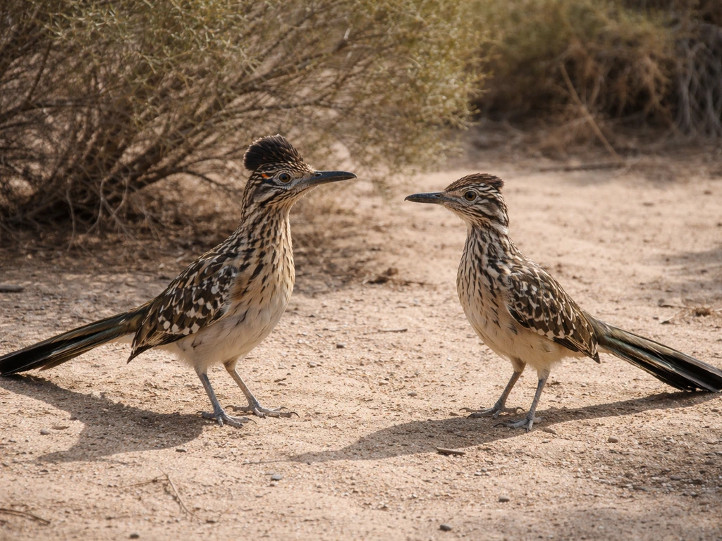 Two different roadrunner species side-by-side on sandy ground with sparse desert shrubs behind.