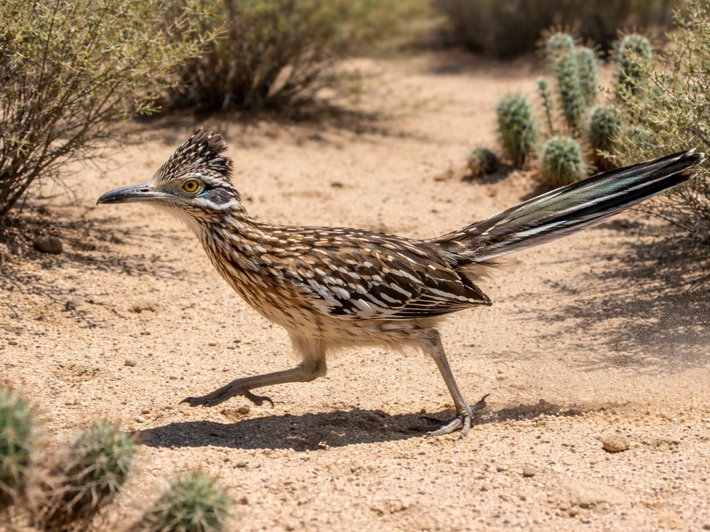 Greater roadrunner foraging on desert sand near low shrubs and cacti, streaked plumage visible.
