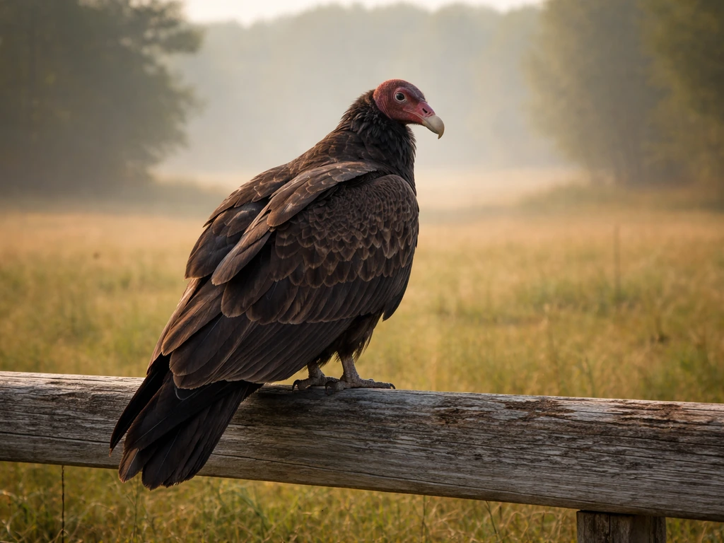 Turkey vulture perched on a fence rail in a rural field, showing its bald red head and dark feathers.
