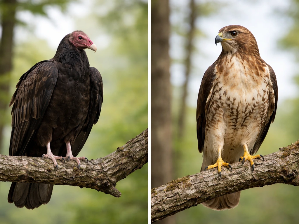 Side-by-side photo of a turkey vulture and a hawk/eagle perched on branches outdoors.
