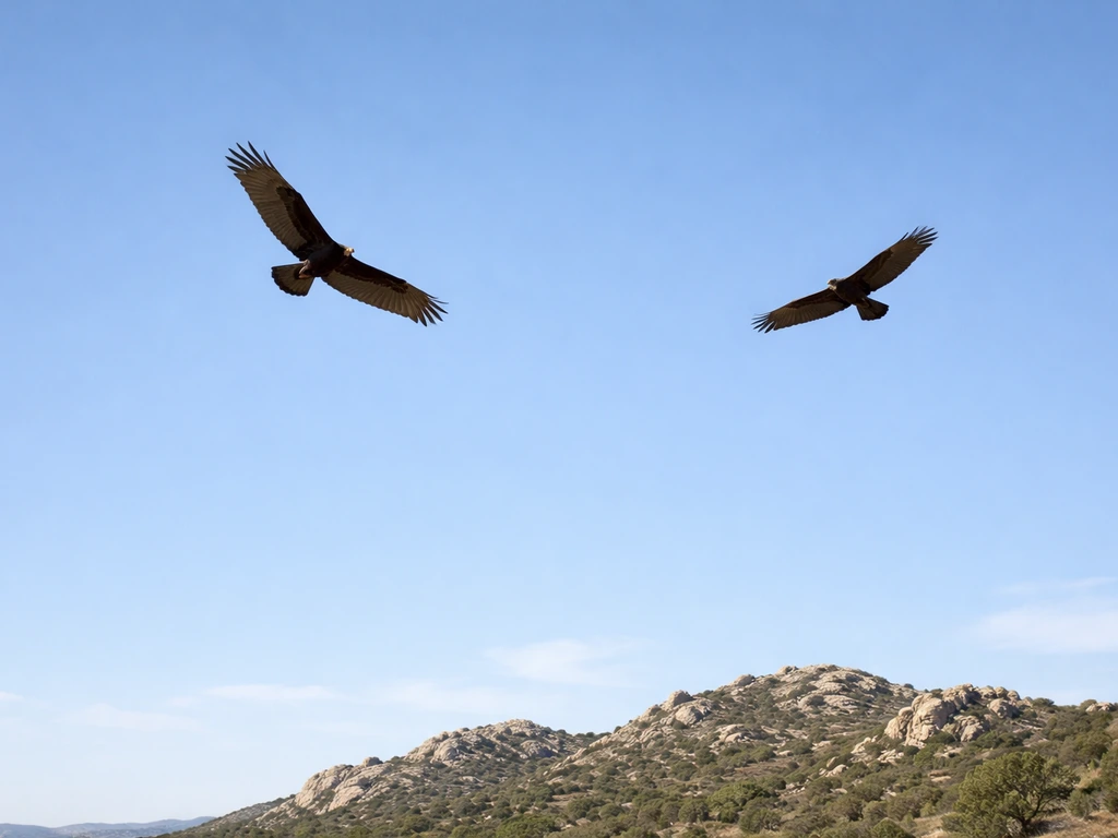 Turkey vulture soaring above a distant landscape, beside a clear silhouette of a true raptor for wing-shape comparison.